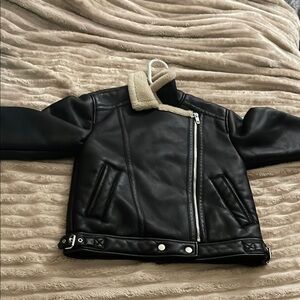 Zara Black Faux Leather Kids Jacket with Cream Collar